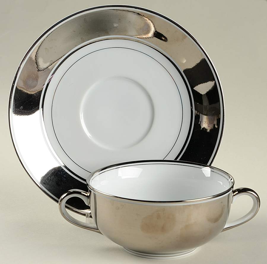Platinum Rondelet Flat Cream Soup Bowl & Saucer Set by Fitz & Floyd-1