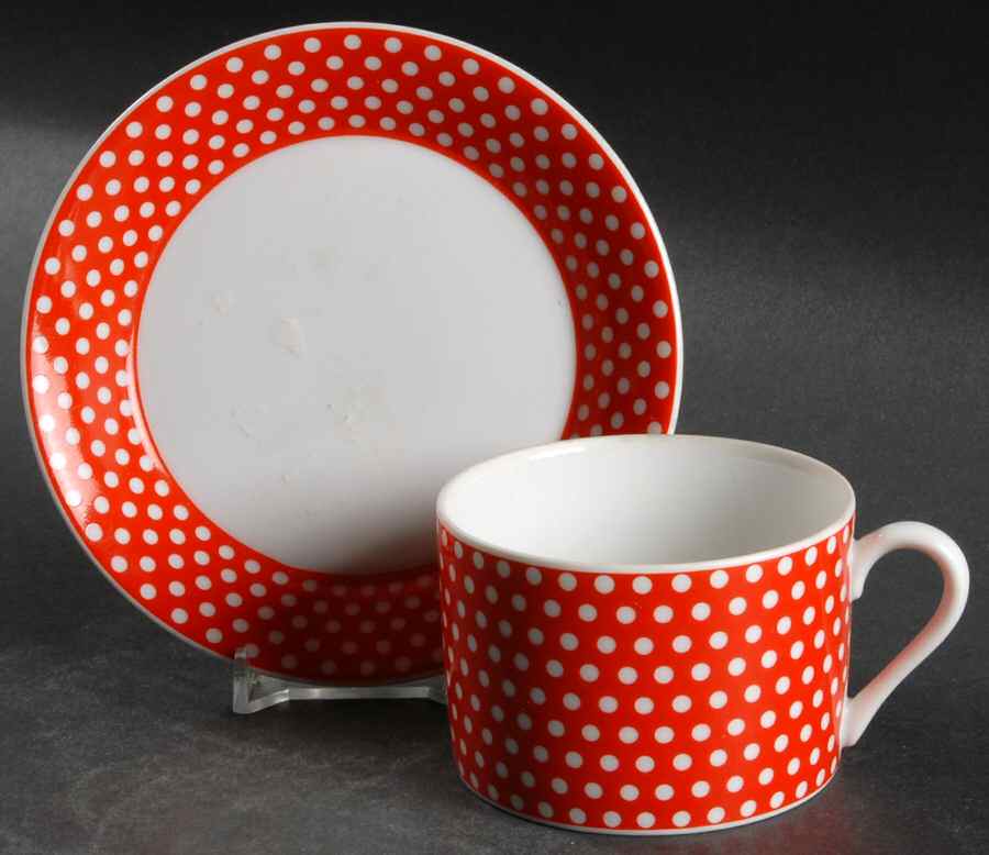 Red Dotted Swiss (Red with Small White Dots) Flat Cup & Saucer Set by Fitz & Floyd-1