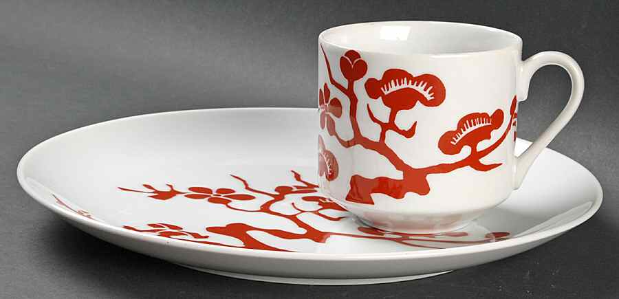 Prunier De Chine Red (Positive) Snack Plate & Cup Set by Fitz & Floyd-1