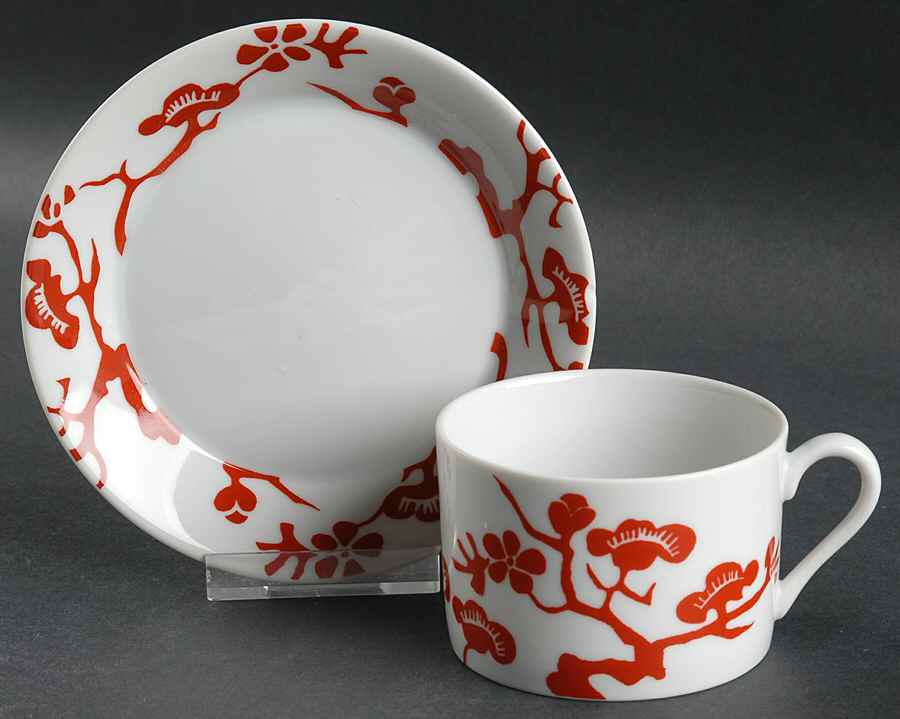 Prunier De Chine Red (Positive) Flat Cup & Saucer Set by Fitz & Floyd-1