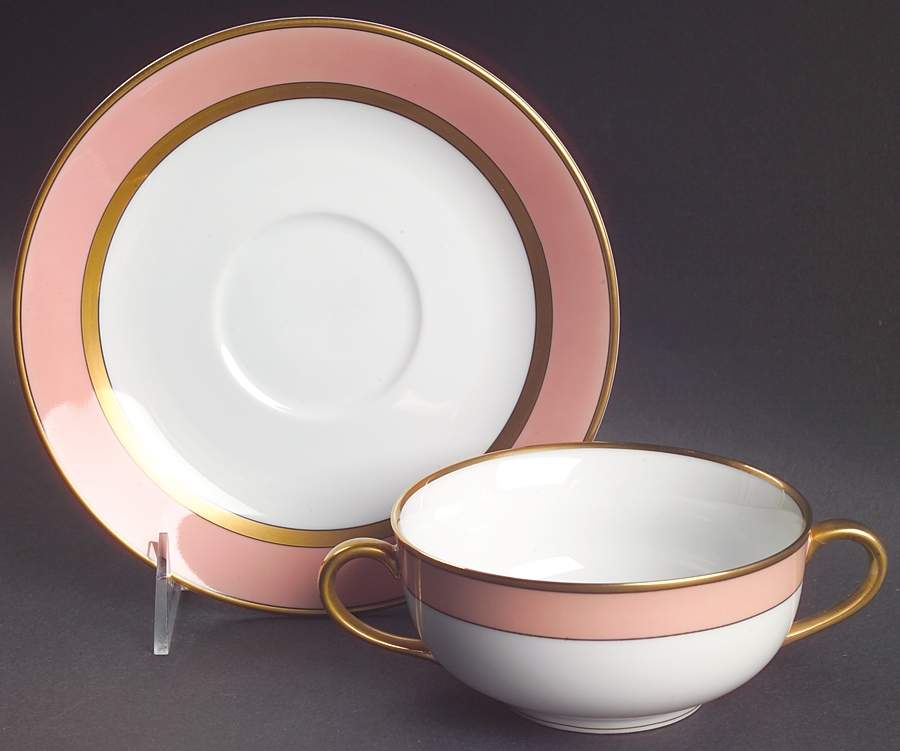 Renaissance Peach (Wide Gold Verge Line) Flat Cream Soup Bowl & Saucer Set by Fitz & Floyd-1
