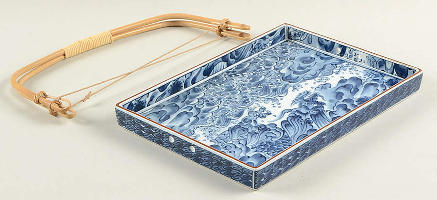 Sea Dragon Rattan Handled Rectangular Server by Fitz & Floyd-1