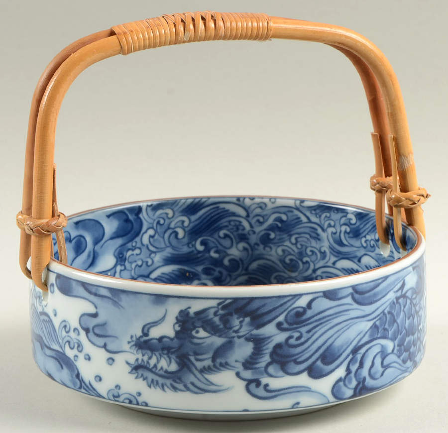 Sea Dragon Rattan Handled Round Server by Fitz & Floyd-1