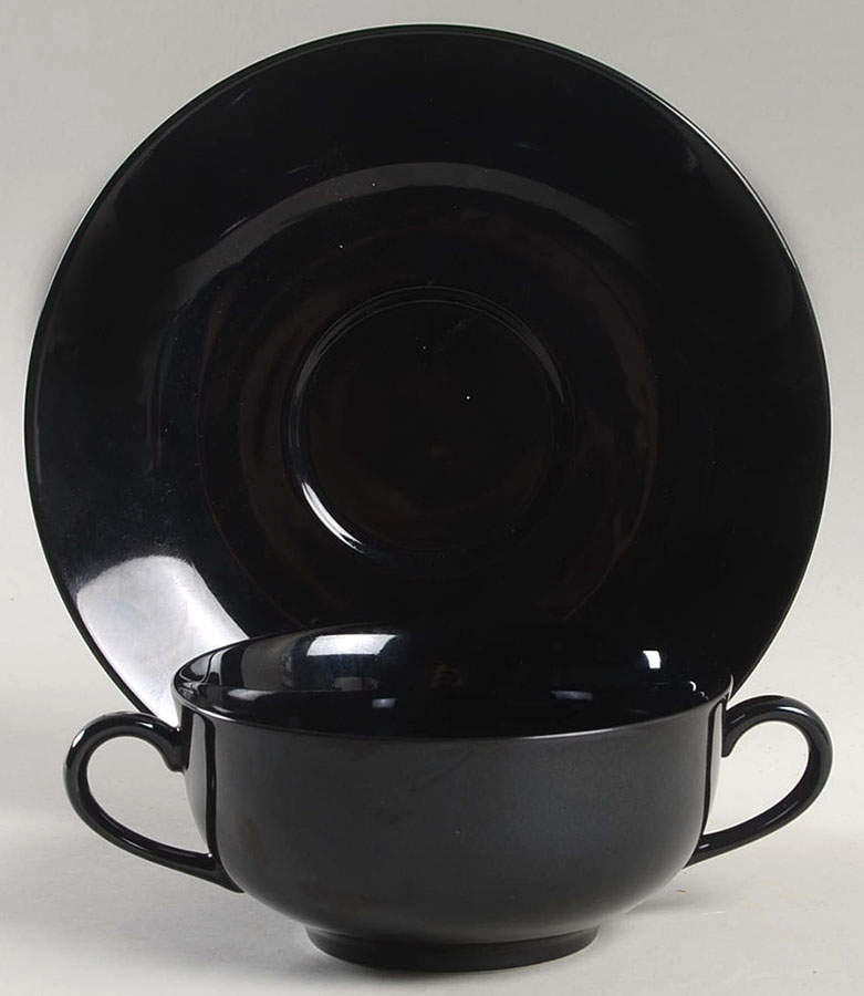 Total Color Black (Round, Smooth) Flat Cream Soup Bowl & Saucer Set by Fitz and Floyd-1