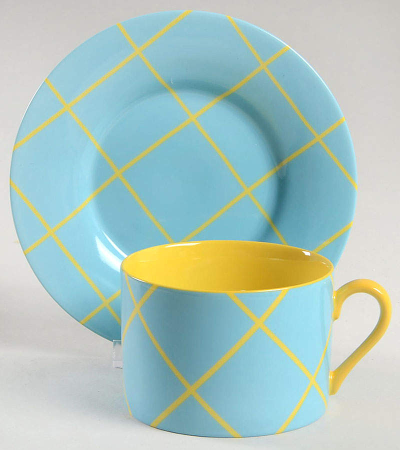 Windowpane (Yellow Stripes on Aqua) Flat Cup & Saucer Set by Fitz & Floyd-1