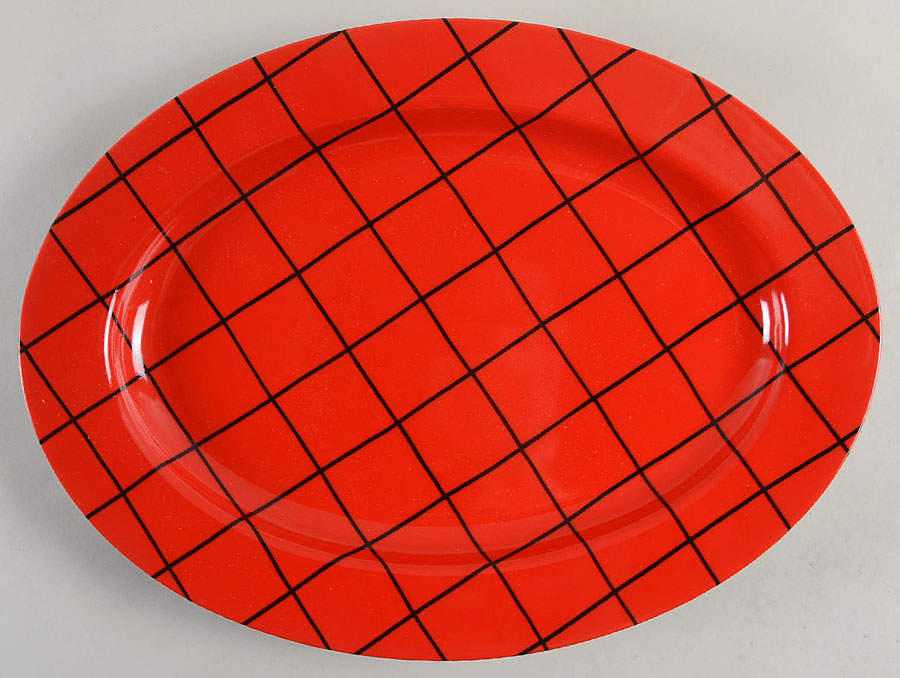 Windowpane (Black Stripes on Red) 14" Oval Serving Platter by Fitz & Floyd-1