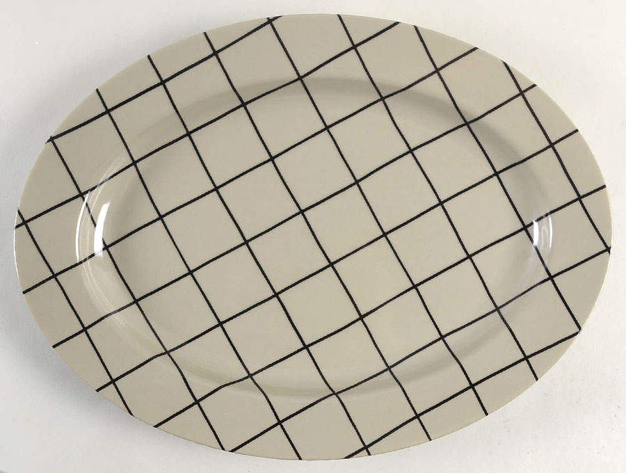 Windowpane (Black Stripes on Taupe) 14" Oval Serving Platter by Fitz & Floyd-1