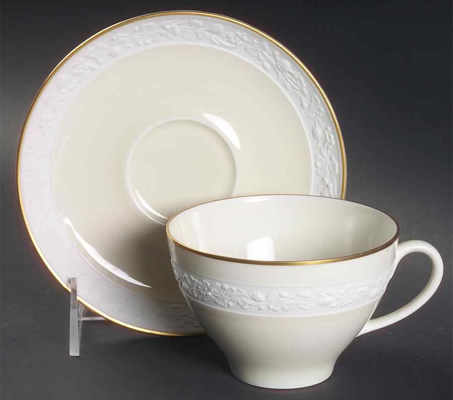 Ariana (Embossed, Gold Trim, Coupe) Flat Cup & Saucer Set by Flintridge-1