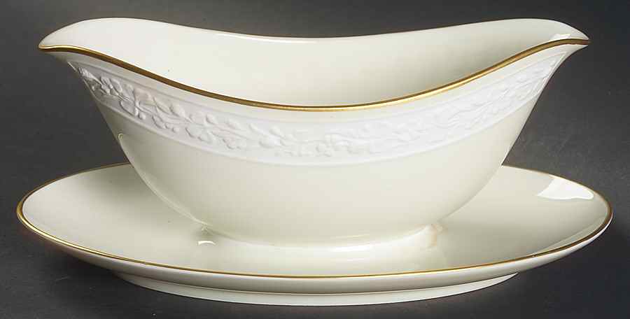 Ariana (Embossed, Gold Trim, Coupe) Gravy Boat with Attached Underplate by Flintridge-1