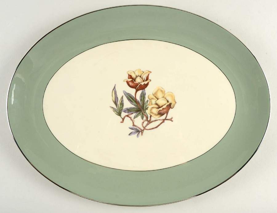 Avalon Sage Green (Platinum Trim) 14" Oval Serving Platter by Flintridge-1
