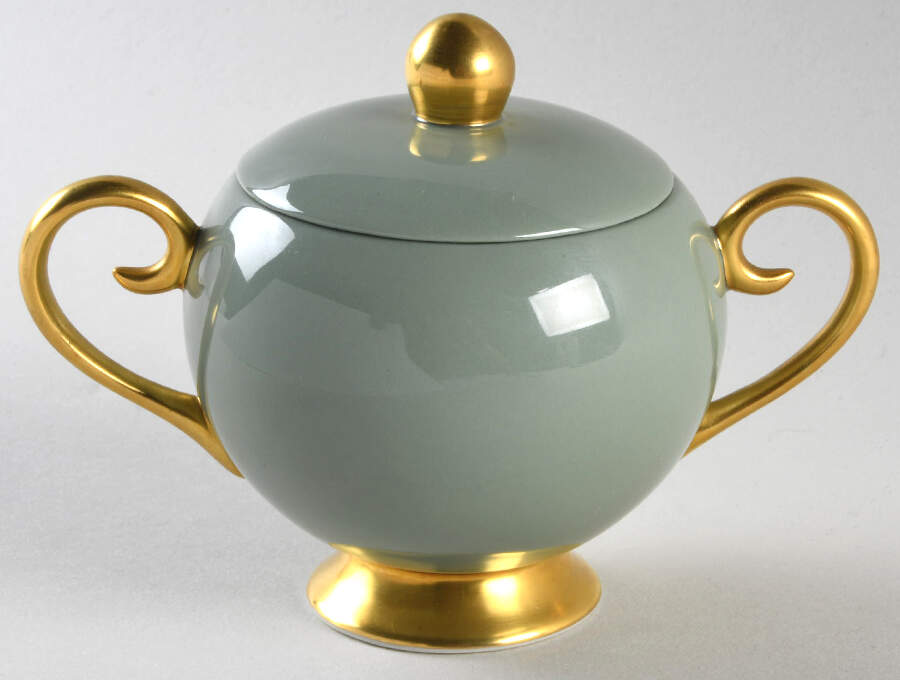 Avalon Sage Green (Gold Trim) Sugar Bowl & Lid by Flintridge-1