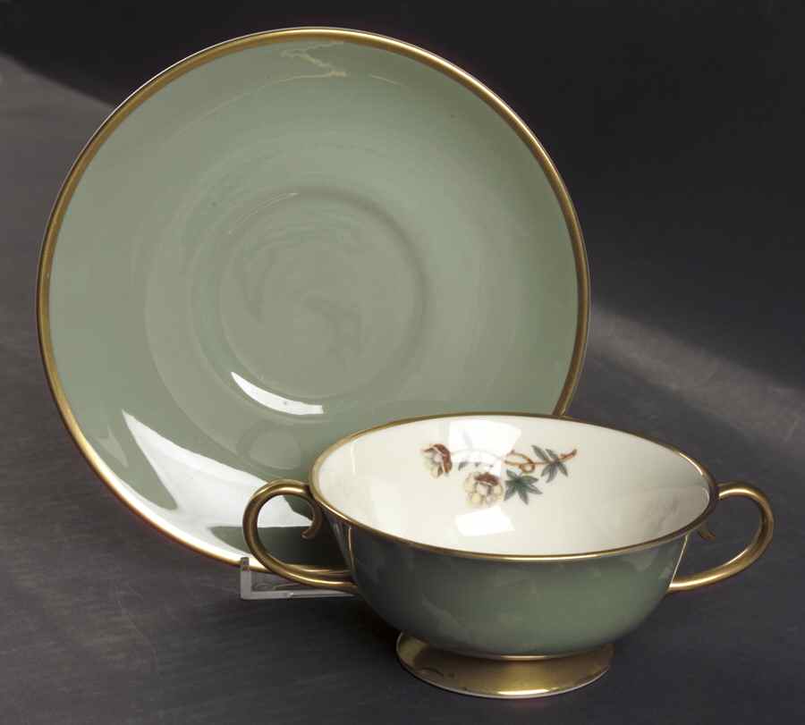 Avalon Sage Green (Gold Trim) Footed Cream Soup Bowl & Saucer Set by Flintridge-1