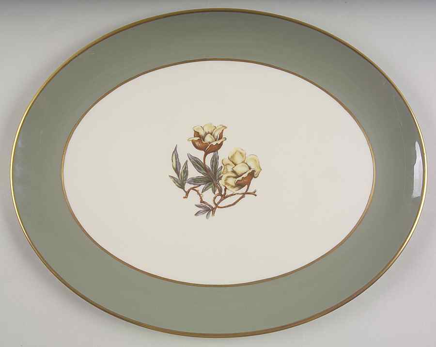 Avalon Sage Green (Gold Trim) 15" Oval Serving Platter by Flintridge-1