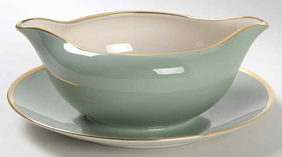 Avalon Sage Green (Gold Trim) Gravy Boat with Attached Underplate by Flintridge-1