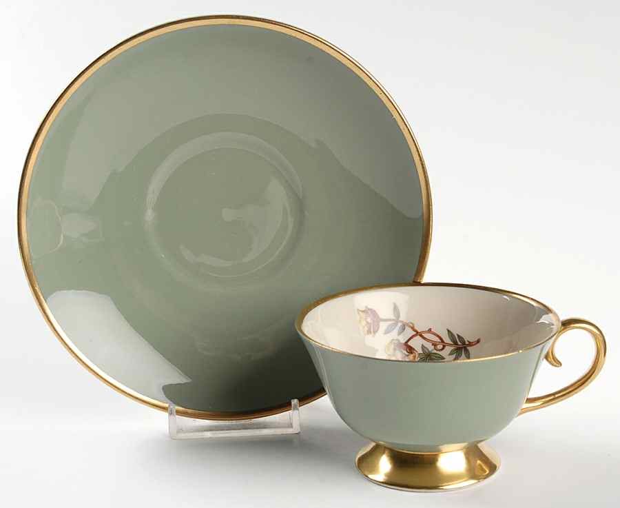 Avalon Sage Green (Gold Trim) Footed Cup & Saucer Set by Flintridge-1