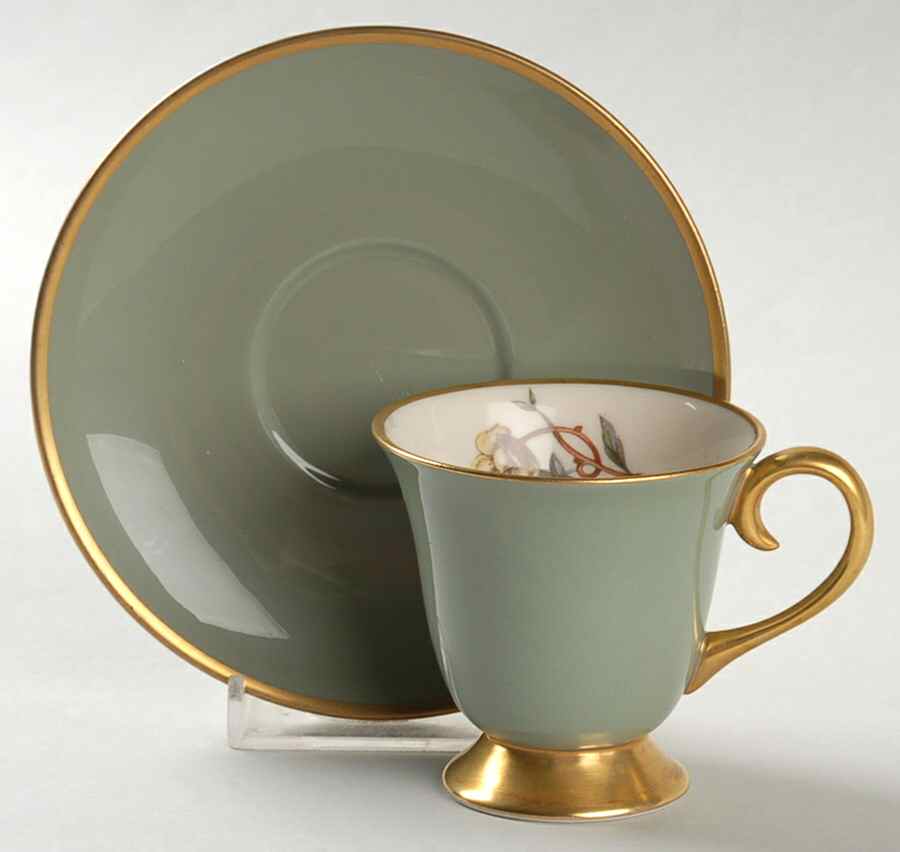Avalon Sage Green (Gold Trim) Footed Demitasse Cup & Saucer Set by Flintridge-1