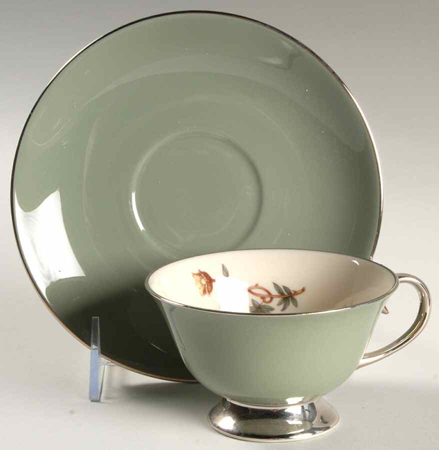 Avalon Sage Green (Platinum Trim) Footed Cup & Saucer Set by Flintridge-1