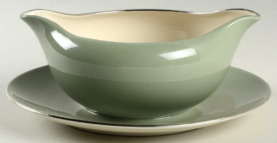 Avalon Sage Green (Platinum Trim) Gravy Boat with Attached Underplate by Flintridge-1