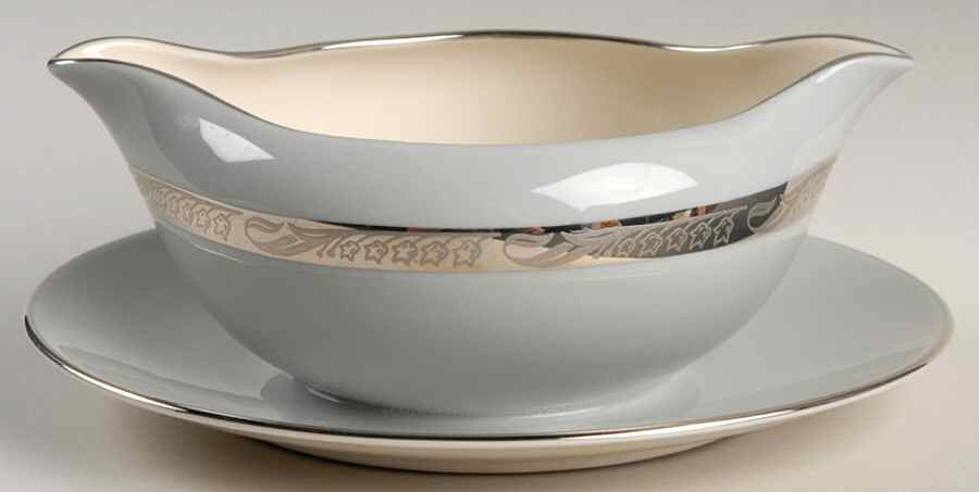 Bridal Wreath Gray Gravy Boat with Attached Underplate by Flintridge-1