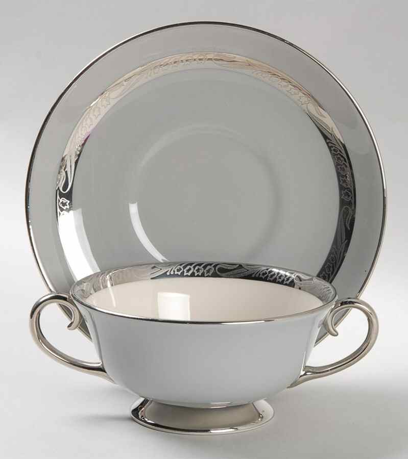 Bridal Wreath Gray Footed Cream Soup Bowl & Saucer Set by Flintridge-1