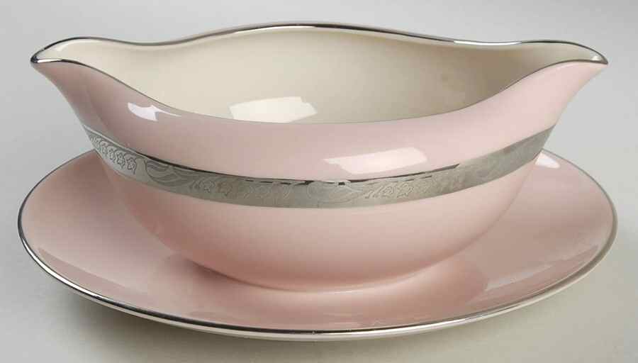 Bridal Wreath-Pink Gravy Boat with Attached Underplate by Flintridge-1