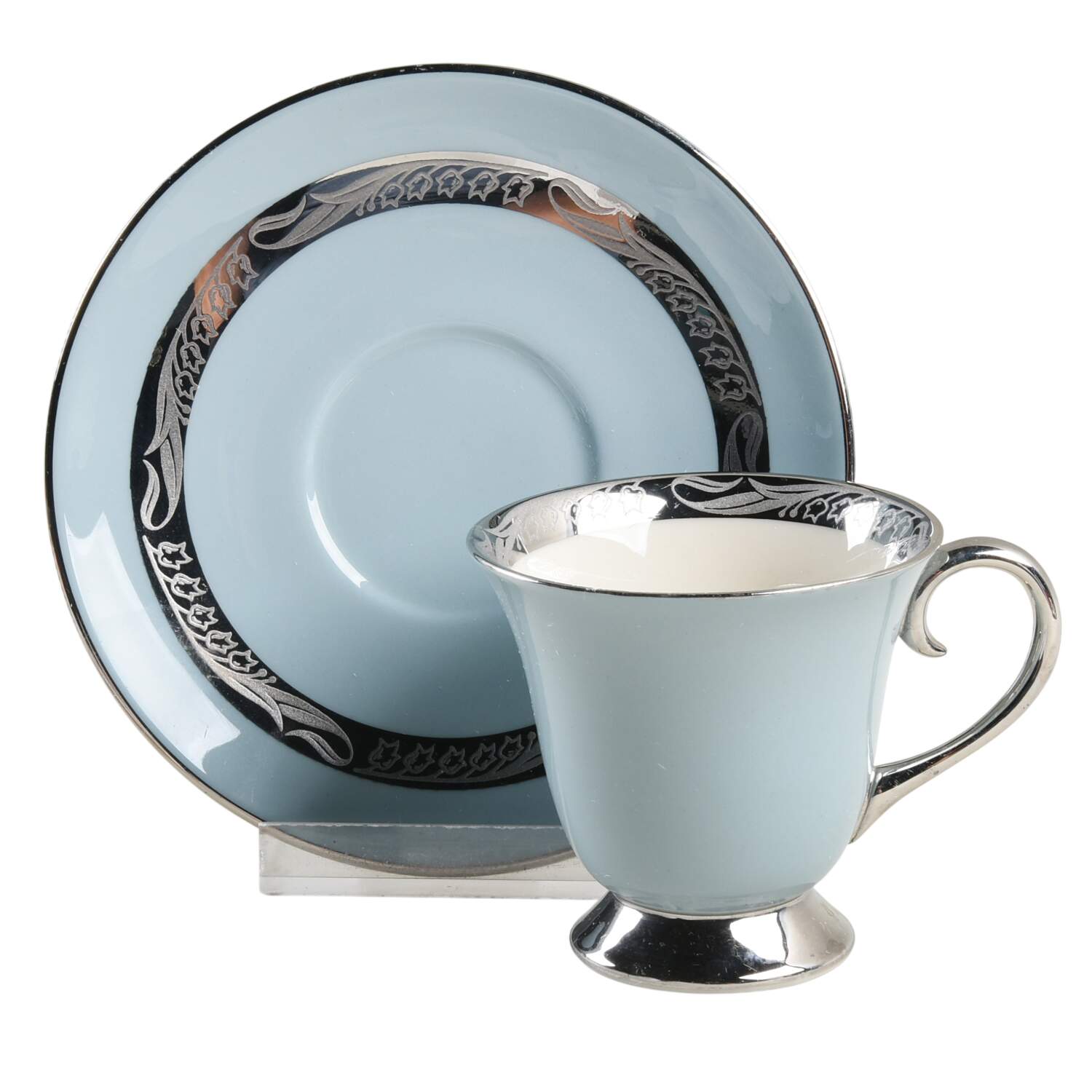 Bridal Wreath Strata Blue (Rim) Footed Demitasse Cup & Saucer Set by Flintridge-1