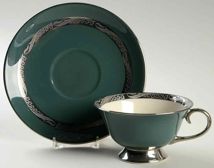 Bridal Wreath Teal Green Footed Cup & Saucer Set by Flintridge-1