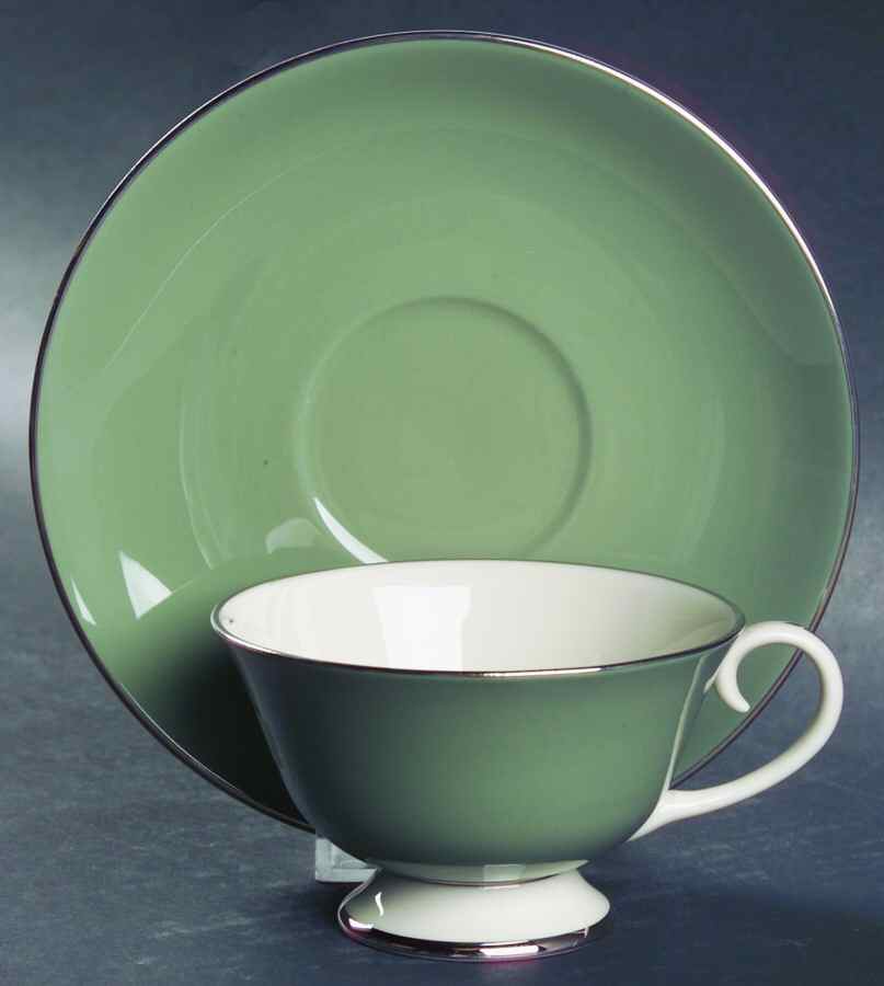 California Sage Green (Platinum Trim) Footed Cup & Saucer Set by Flintridge-1