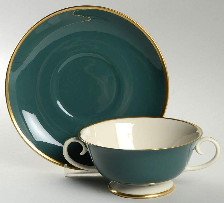 Sylvan-California Teal Green (Rim) Footed Cream Soup Bowl & Saucer Set by Flintridge-1