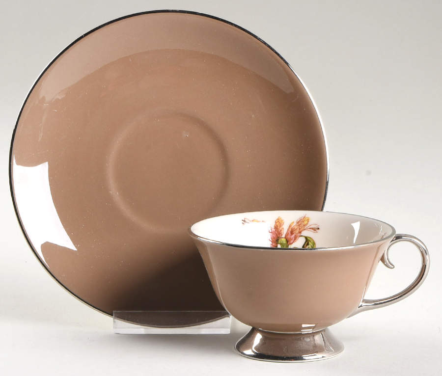 Cambria Cocoa (Platinum Trim) Footed Cup & Saucer Set by Flintridge-1
