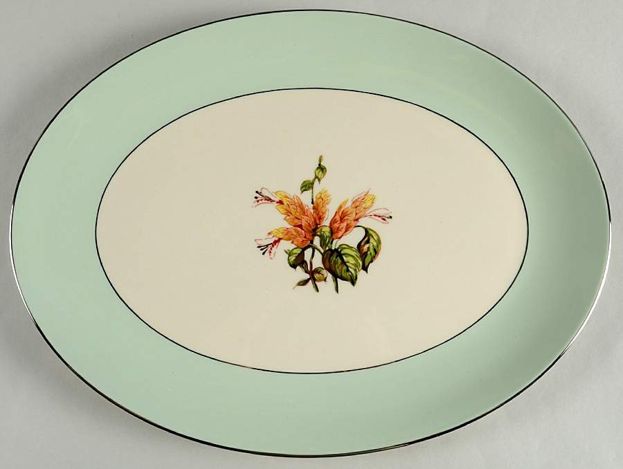 Cambria Light Green (Platinum Trim) 14" Oval Serving Platter by Flintridge-1