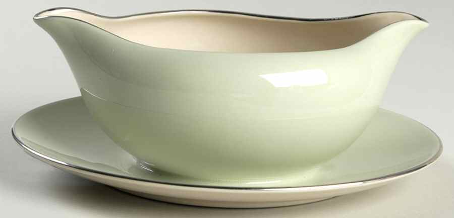 Cambria Light Green (Platinum Trim) Gravy Boat with Attached Underplate by Flintridge-1
