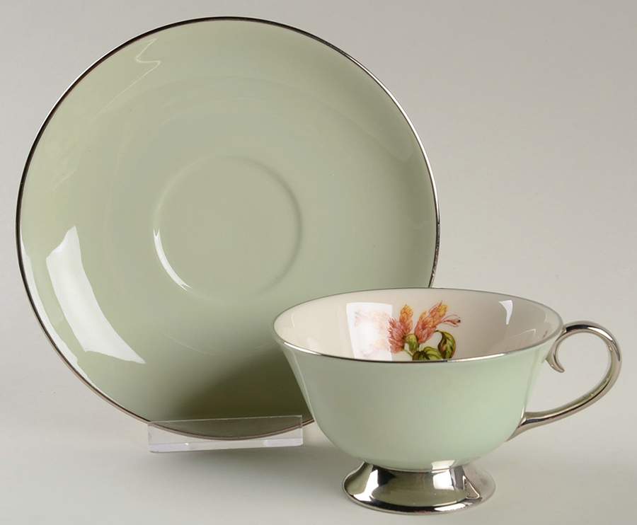 Cambria Light Green (Platinum Trim) Footed Cup & Saucer Set by Flintridge-1