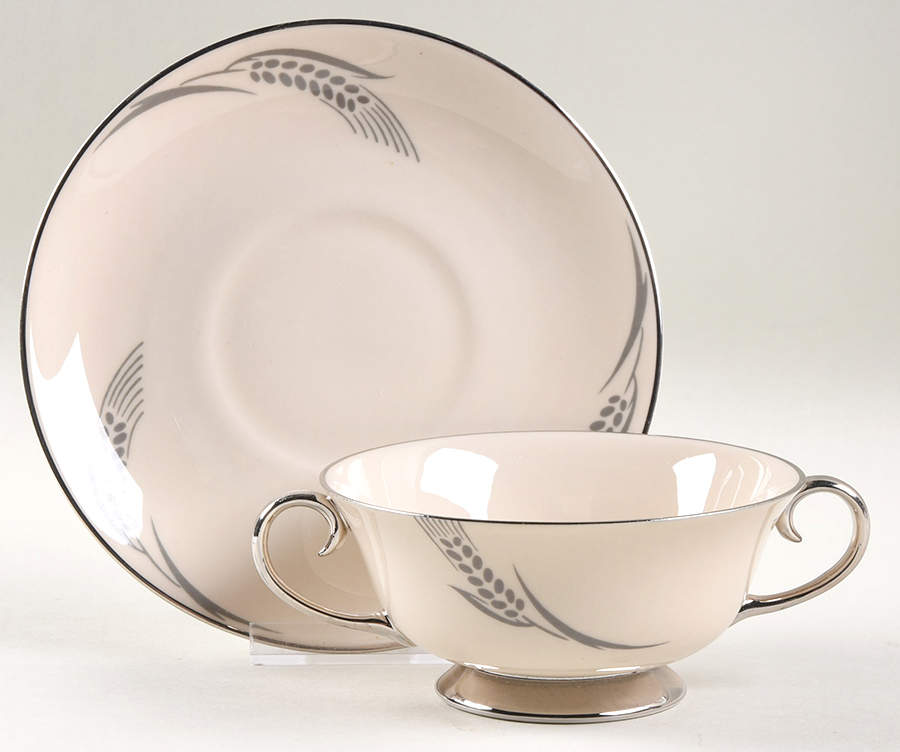 Chalice No Color Band (Platinum Trim) Footed Cream Soup Bowl & Saucer Set by Flintridge-1