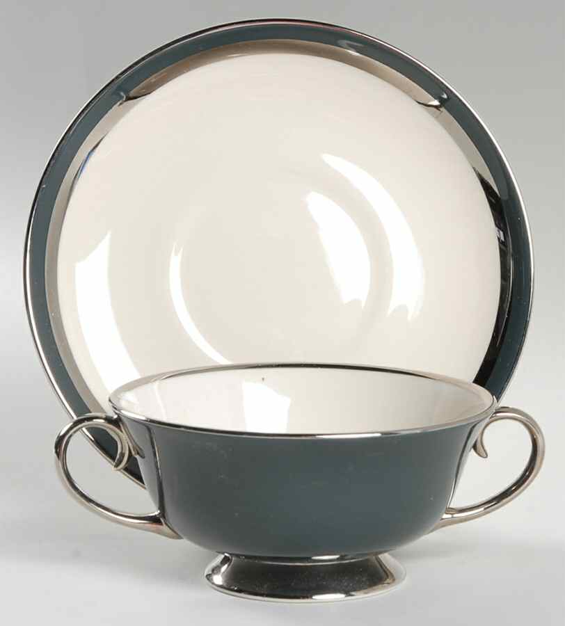 Contessa Black Footed Cream Soup Bowl & Saucer Set by Flintridge-1
