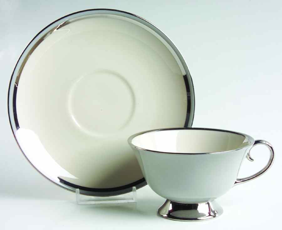 Contessa Gray (Platinum Trim, Coupe) Footed Cup & Saucer Set by Flintridge-1