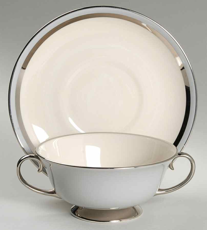 Contessa Gray (Platinum Trim, Coupe) Footed Cream Soup Bowl & Saucer Set by Flintridge-1