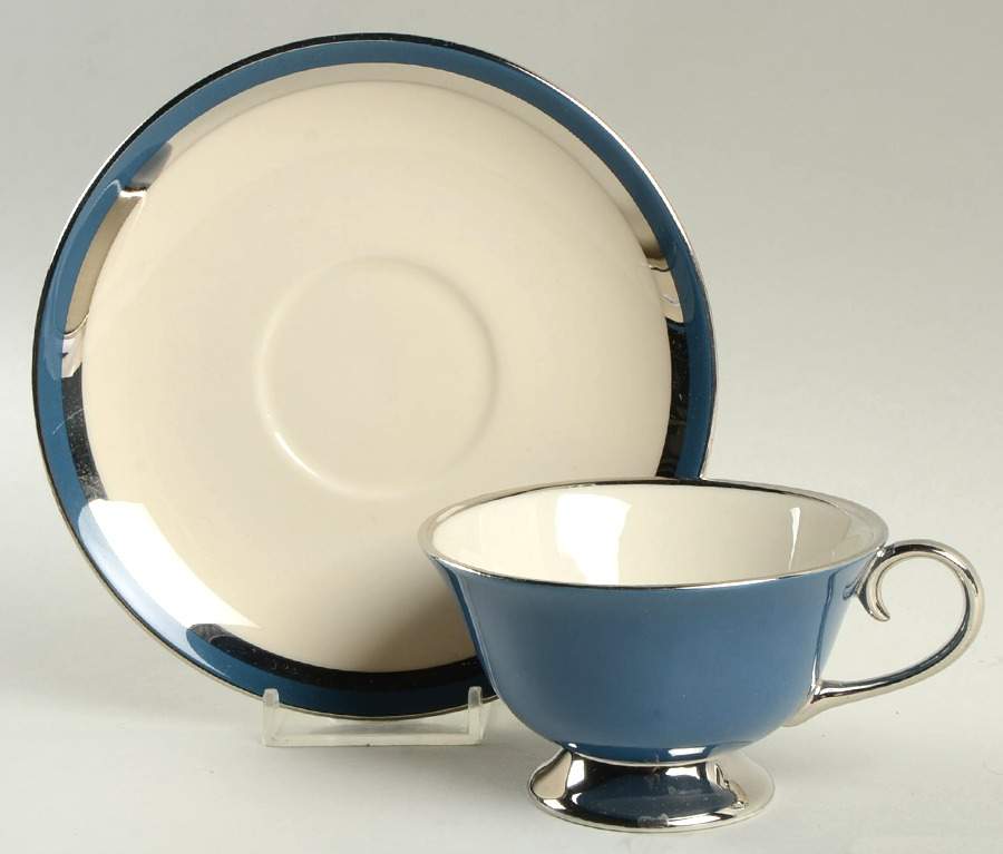 Contessa Mystic Blue (Platinum Trim, Coupe) Footed Cup & Saucer Set by Flintridge-1