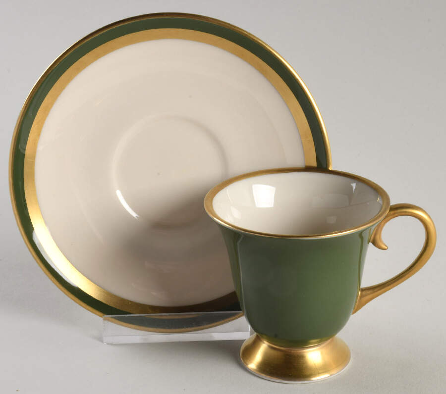 Contessa Spanish Green (Gold Trim, Coupe) Footed Demitasse Cup & Saucer Set by Flintridge-1