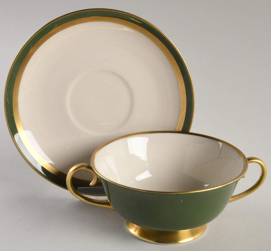 Contessa Spanish Green (Gold Trim, Coupe) Footed Cream Soup Bowl & Saucer Set by Flintridge-1