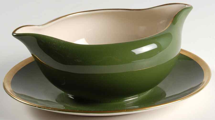 Contessa Spanish Green (Gold Trim, Coupe) Gravy Boat with Attached Underplate by Flintridge-1