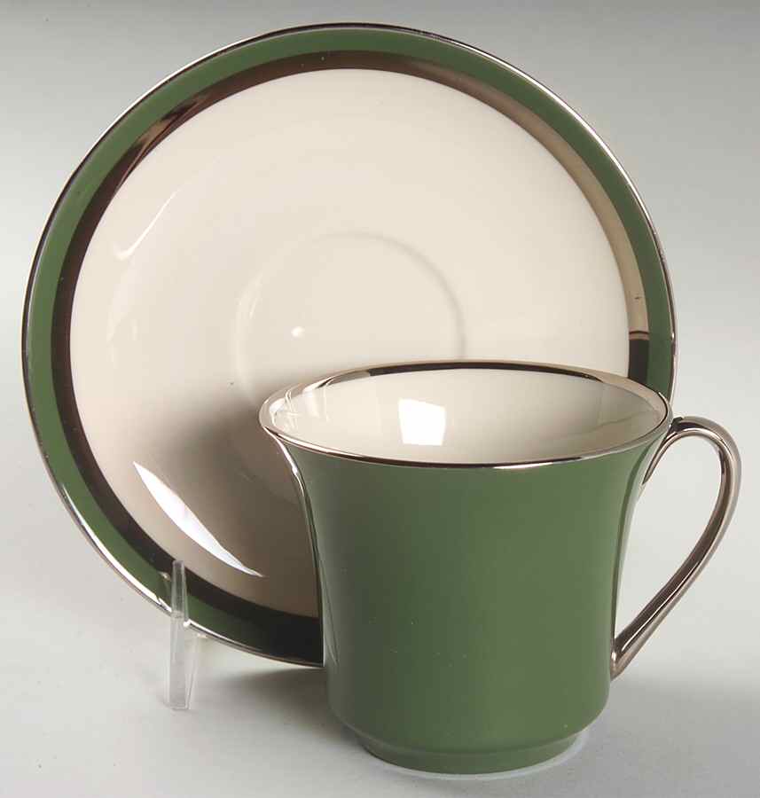 Contessa Spanish Green (Platinum Trim, Coupe) Flat Cup & Saucer Set by Flintridge-1