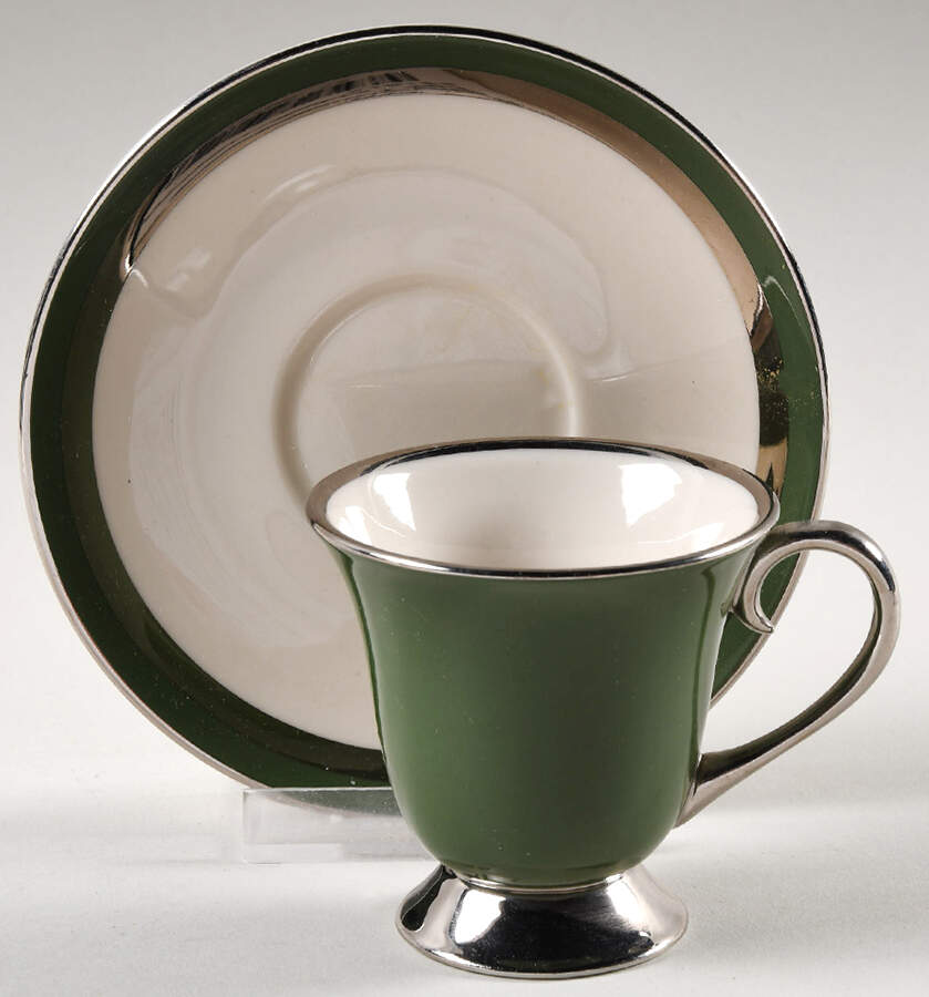Contessa Spanish Green (Platinum Trim, Rim) Footed Demitasse Cup & Saucer Set by Flintridge-1