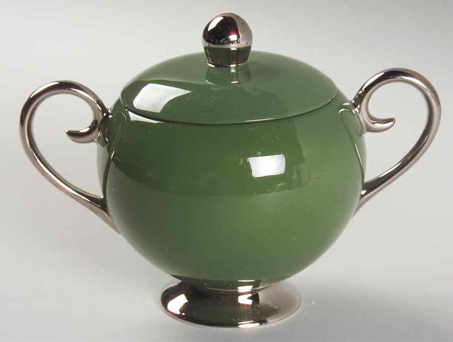 Contessa Spanish Green (Platinum Trim, Rim) Sugar Bowl & Lid by Flintridge-1