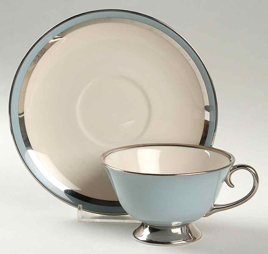 Contessa Strata Blue (Platinum Trim, Coupe) Footed Cup & Saucer Set by Flintridge-1
