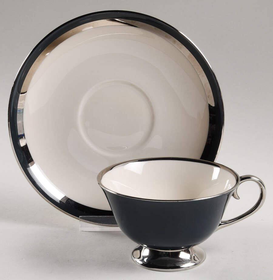 Contessa Teal Green (Platinum Trim, Coupe) Footed Cup & Saucer Set by Flintridge-1