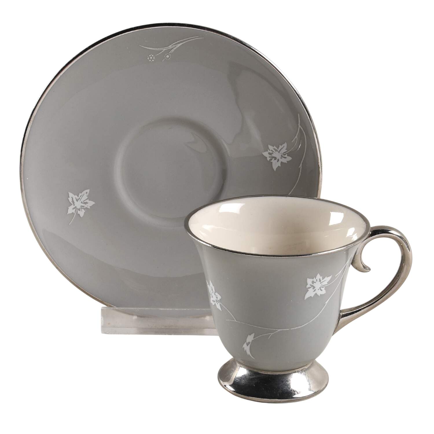 Damask Leaf Grey Footed Demitasse Cup & Saucer Set by Flintridge-1