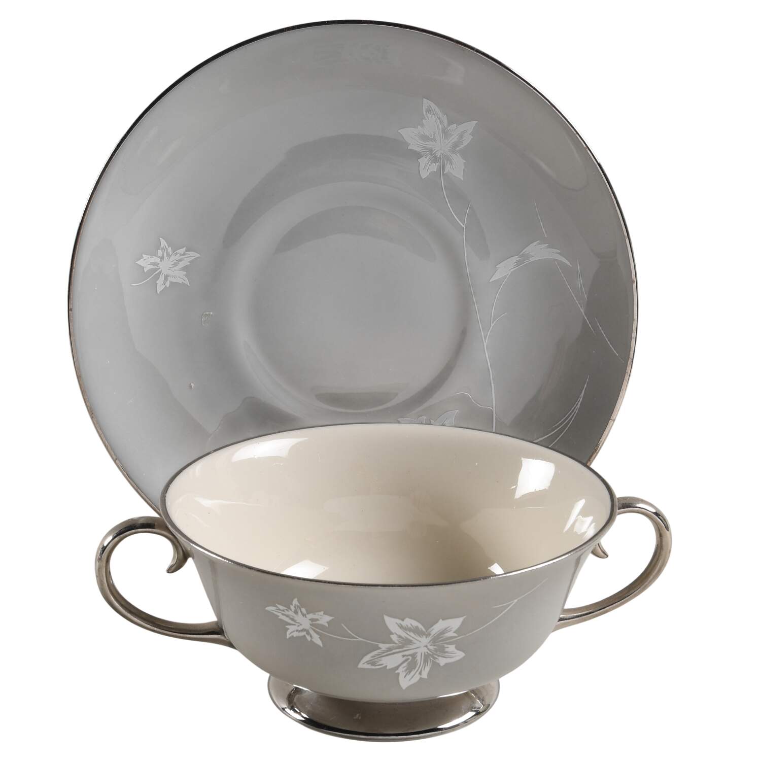 Damask Leaf Grey Footed Cream Soup Bowl & Saucer Set by Flintridge-1