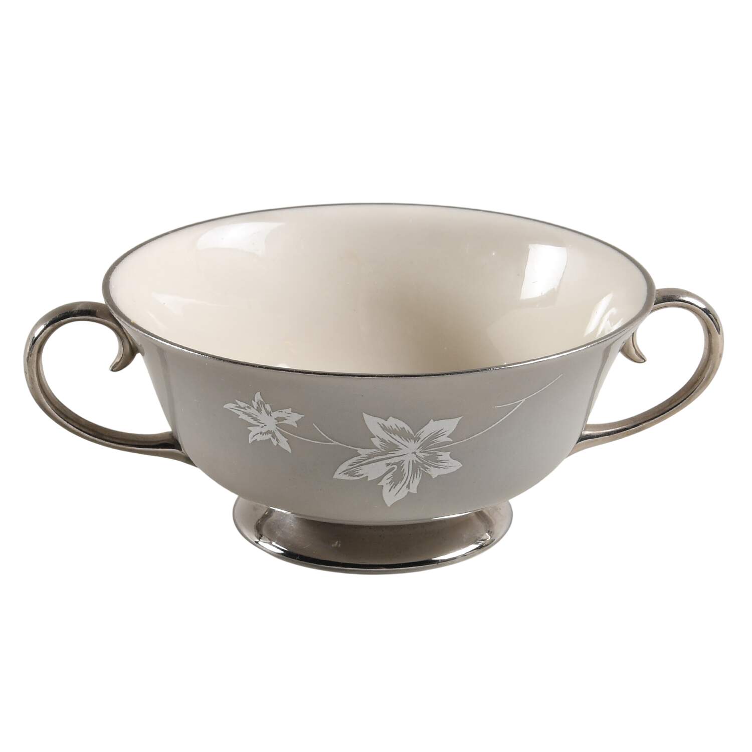 Damask Leaf Grey Footed Cream Soup Bowl by Flintridge-1