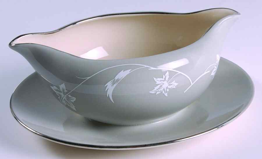 Damask Leaf Grey Gravy Boat with Attached Underplate by Flintridge-1